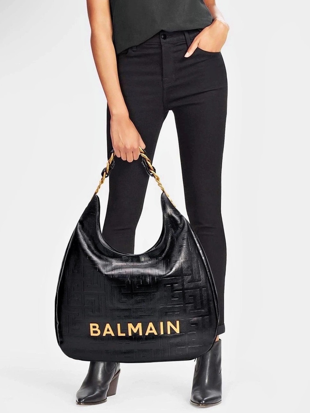 Balmain 1945 Hobo Bag in Monogram Crinkled Leather Black Geometric
